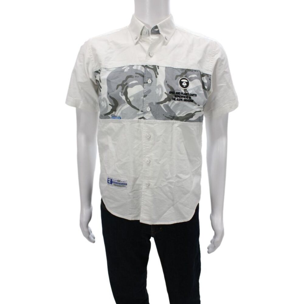 Aape Mens Camo Print Short Sleeve Collared Button-Down Shirt White Size S